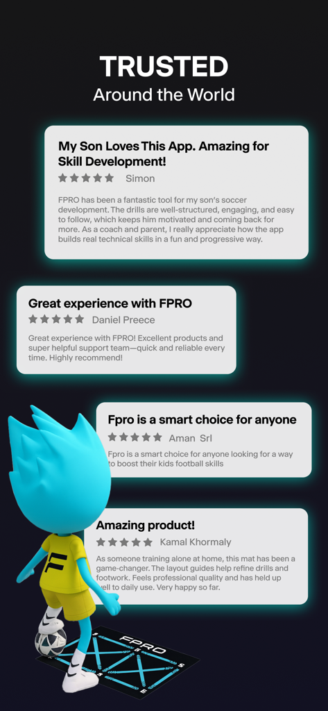 User testimonials and positive reviews for the FPRO football training app shown with a 3D mascot on a training mat