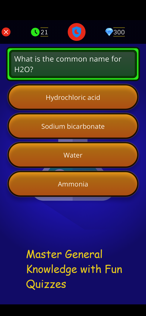 Quizia: General Knowledge Quiz - Una pregunta de trivia de ciencia en la aplicación Quizia pidiendo el nombre común de H2O con opciones de respuesta múltiple.