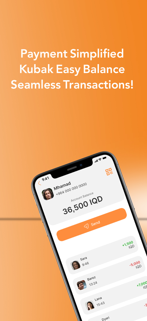 Kubak app screen showing account balance in IQD and recent transactions
