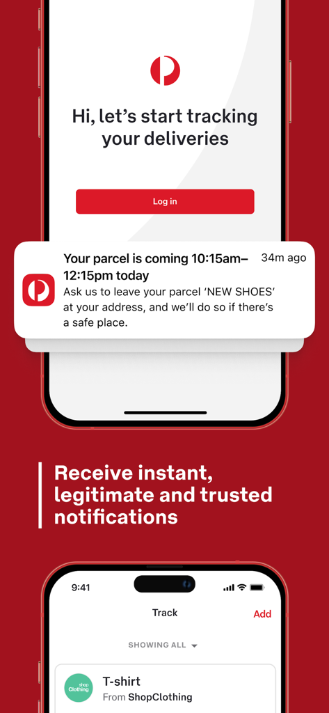 Australia Post - Australia Post app interface showing parcel delivery tracking and push notifications