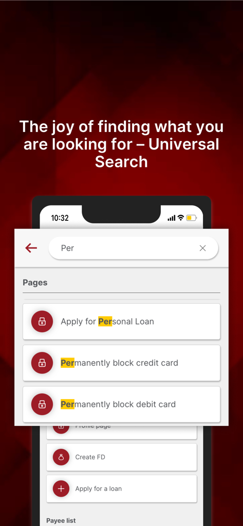 Recurso de pesquisa universal no aplicativo móvel IDFC FIRST Bank mostrando acesso rápido a empréstimos pessoais e configurações de segurança de cartão.