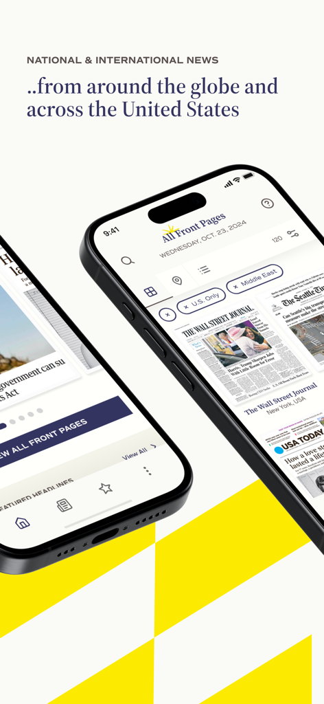 Today's Front Pages - Todays Front Pages app interface on iPhone displaying various newspaper front pages like The Wall Street Journal and USA TODAY.