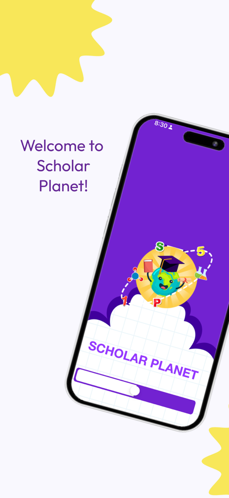 Pantalla de bienvenida de la aplicación educativa Scholar Planet con un personaje de la Tierra caricaturizado con un birrete de graduación