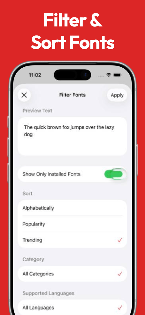 Fontastic - Install Fonts - Smartphone screen displaying the filter and sort options for custom fonts in the Fontastic app.