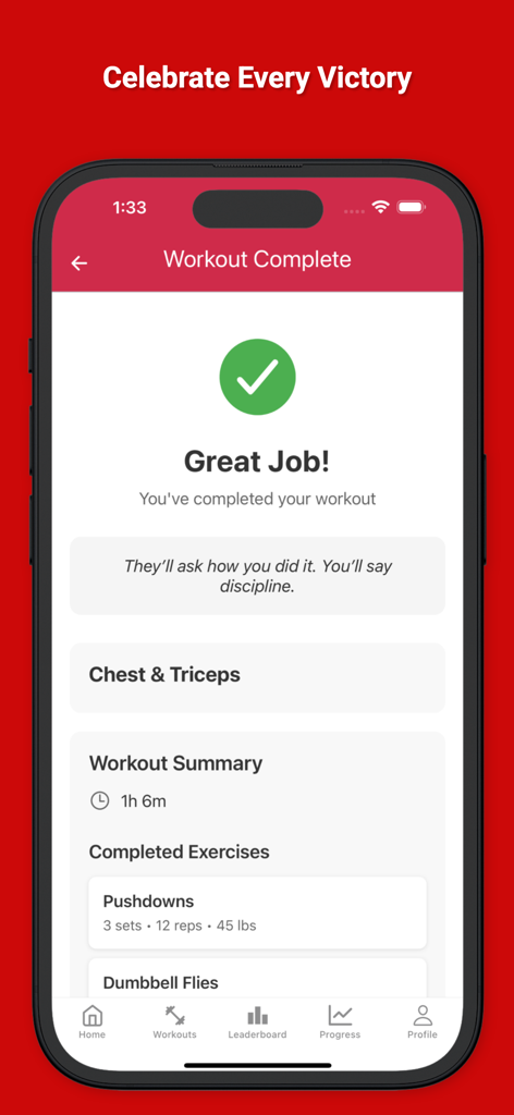 Gym Rank 앱 운동 요약 화면, 완료된 가슴 및 삼두근 운동 및 소요 시간 표시