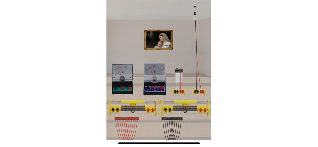 Oberfläche eines virtuellen Labors mit Voltmeter, Amperemeter, Batterie und Komponenten für die Simulation von Stromkreisen