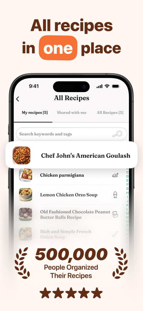 Recipe Keeper Box - OrganizEat - Smartphone screen showing the OrganizEat Recipe Keeper app with a list of organized recipes and a 500,000 user milestone.