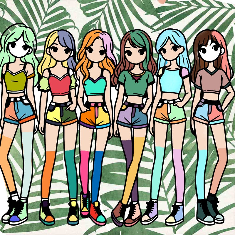 a group of girls wearing crop tops and shorts