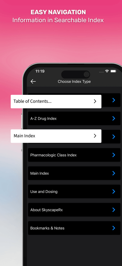 Navigation menu of the Skyscape Rx Drug Guide app displaying various searchable indices like drug index and pharmacologic class index