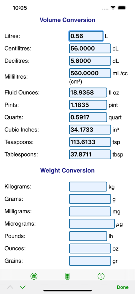 Pantalla de la calculadora médica que muestra campos de conversión de unidades de volumen y peso para profesionales de la salud