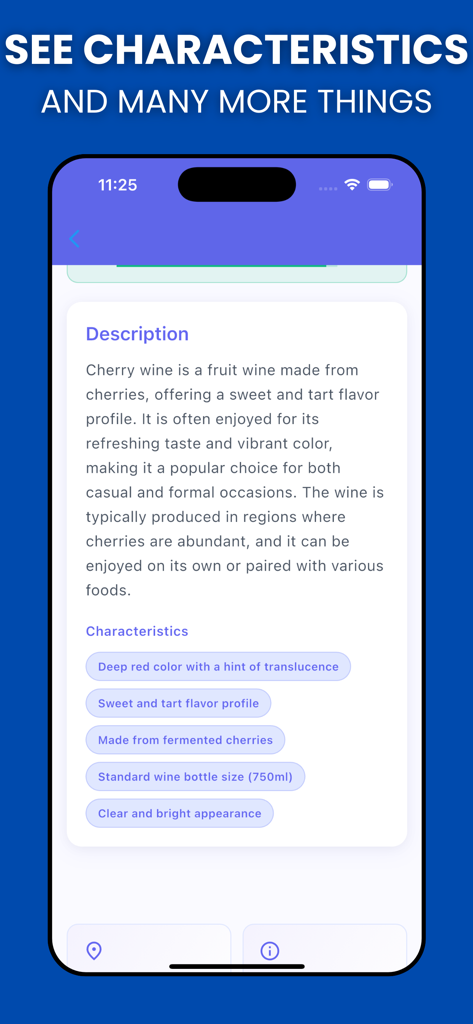 Identify Anything: AI Scan - A mobile screen showing the description and characteristics of cherry wine identified by the AI scanner app