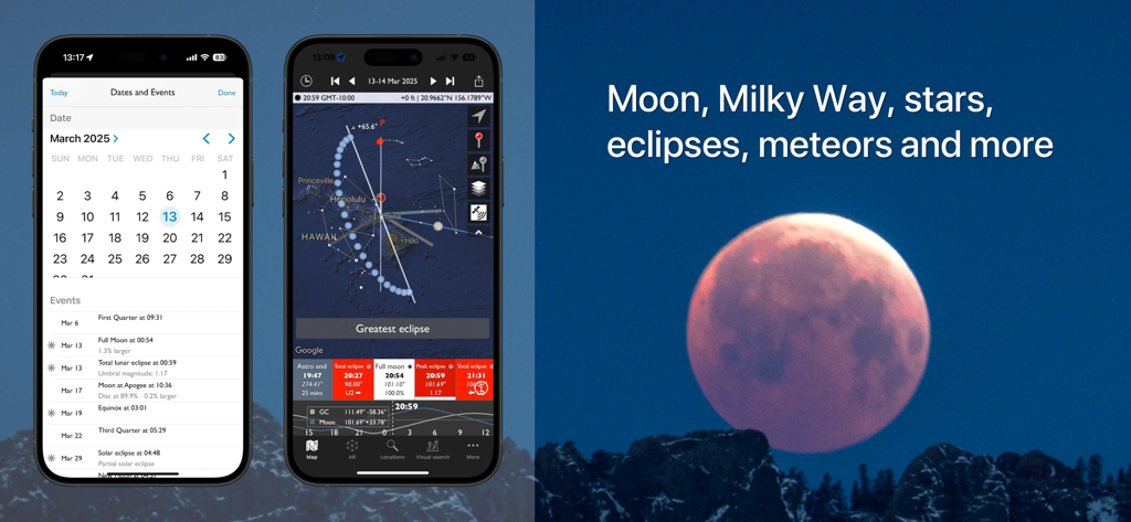 The Photographer's Ephemeris - Capturas de pantalla de la aplicación The Photographer's Ephemeris que muestran un calendario de eventos celestes y funciones de mapeo de eclipses lunares.