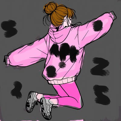 realistic girl jumping with a bun and oversized sweatshirt