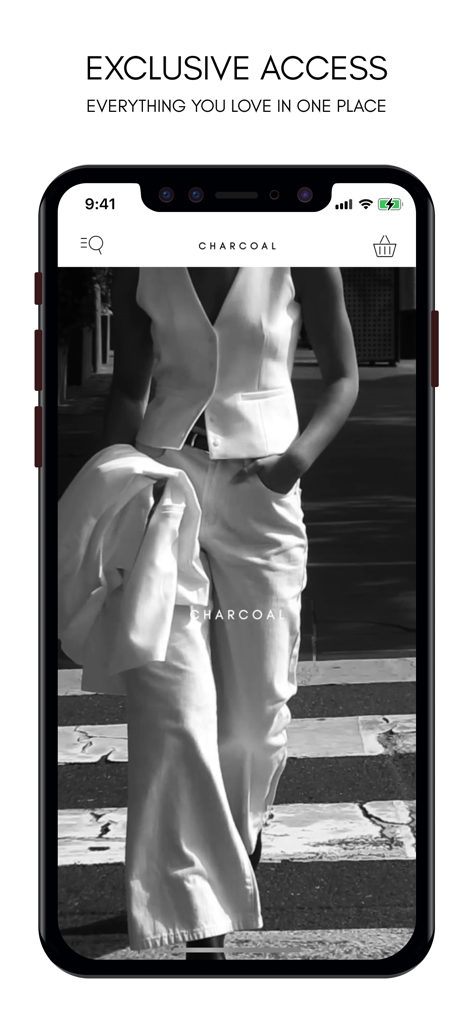 CHARCOAL CLOTHING - Charcoal Clothing app screen showing exclusive access and a stylish outfit