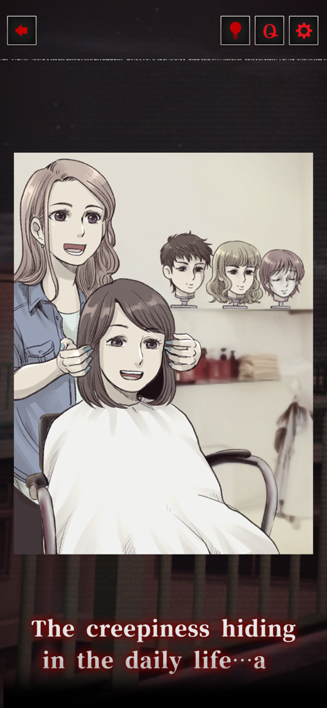 Fridge Horror Game - An anime style scene from Fridge Horror Game showing a hair salon with a hidden creepy anomaly.