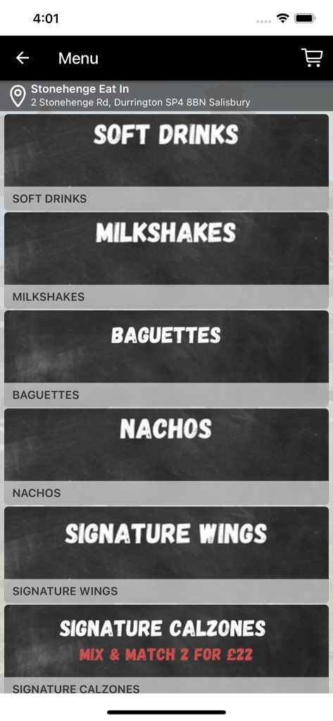 Stonehenge Inn - Stonehenge Inn mobile app menu showing food categories like baguettes and signature wings.