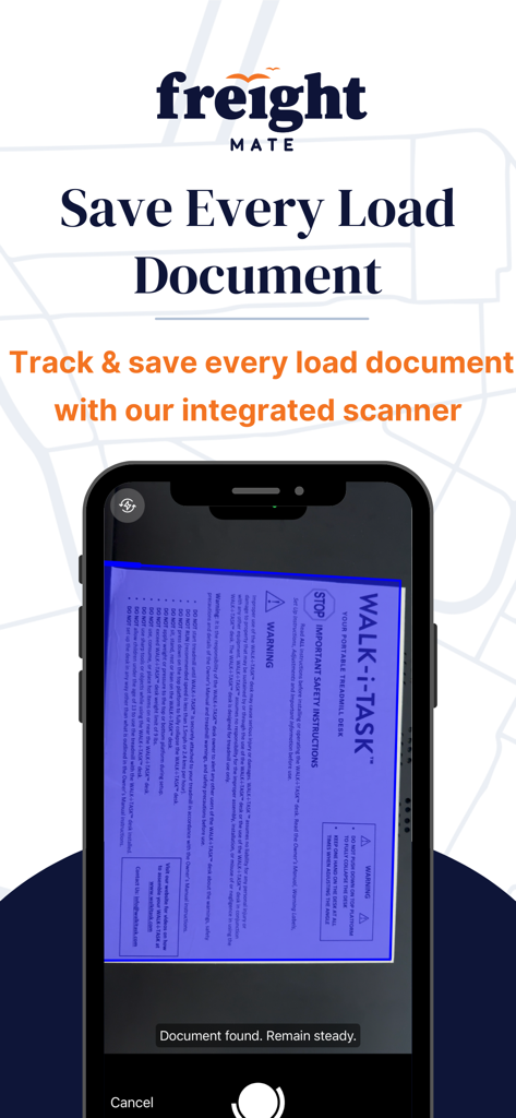 Freight Mate - Tela do aplicativo Freight Mate mostrando scanner integrado de documentos de carga.