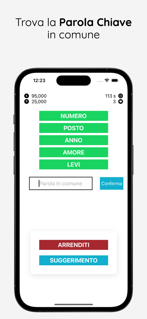 Pantalla de juego del juego de asociación de palabras en italiano Parola Chiave que muestra cinco palabras y un campo de entrada