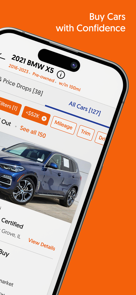 A smartphone displaying the CoPilot app interface with a listing for a pre-owned 2021 BMW X5 and various search filters.
