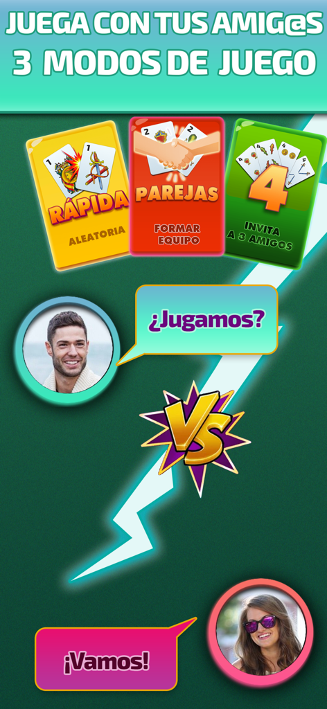 Captura de pantalla de Mus Online Maestro que muestra tres modos de juego e interacción social entre jugadores