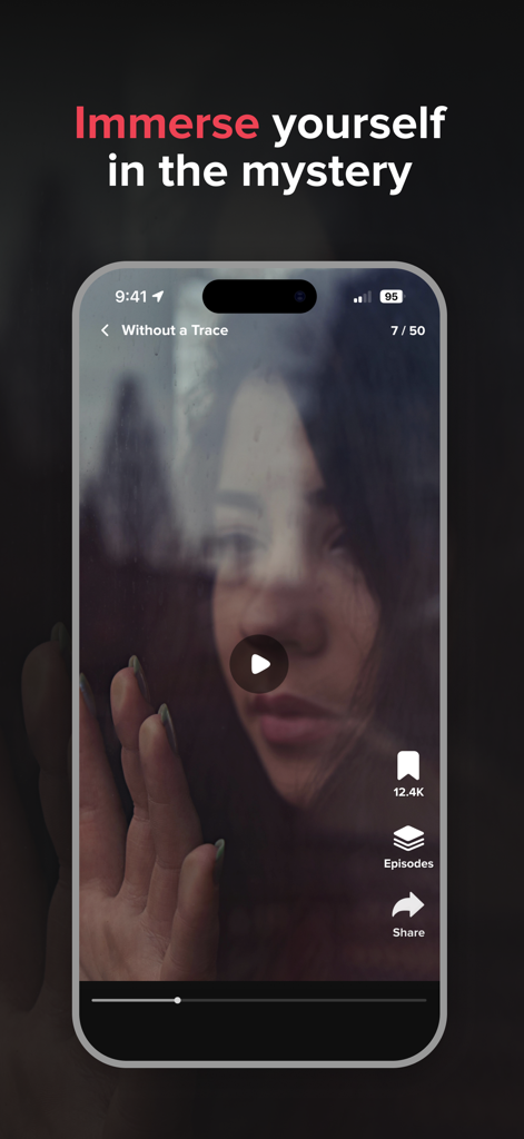 TrueShort - Stream True Crime - TrueShort App-Oberfläche, die ein Kurzform-True-Crime-Video mit dem Titel Without a Trace zeigt