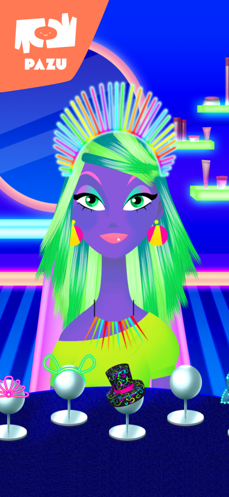 Animierter Mädchencharakter mit einer leuchtenden Neon-Regenbogenkrone und grünen Haaren in einem digitalen Makeover-Salon