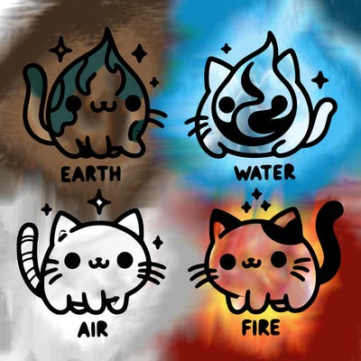 4 cats that represent the different elements, earth, water, air, and fire