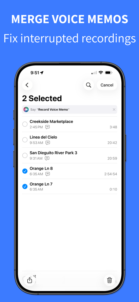 Combine Voice Memos + - 두 개의 음성 녹음이 병합을 위해 선택된 Combine Voice Memos 앱을 보여주는 iPhone 화면