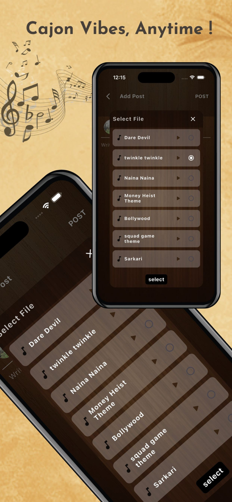 Una interfaz móvil para la app Cajon Flamenco que muestra una lista de pistas grabadas disponibles para compartir en el feed de la comunidad.