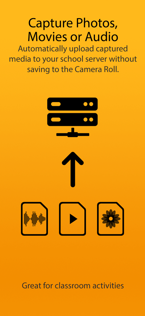 Grafica che spiega il caricamento automatico dei file multimediali acquisiti su un server scolastico senza utilizzare il rullino fotografico