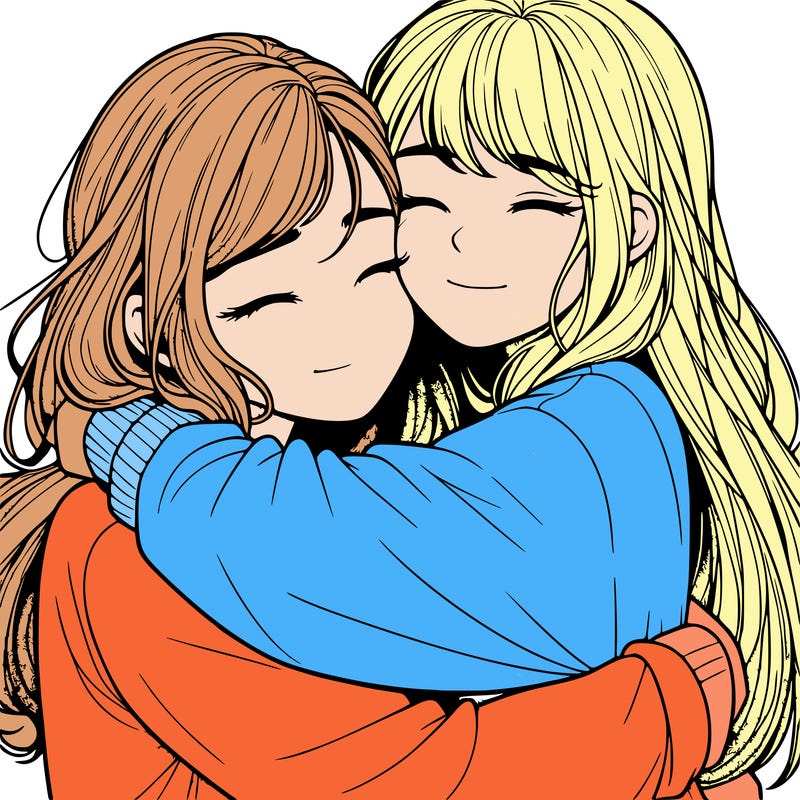 realistic two girls hugging