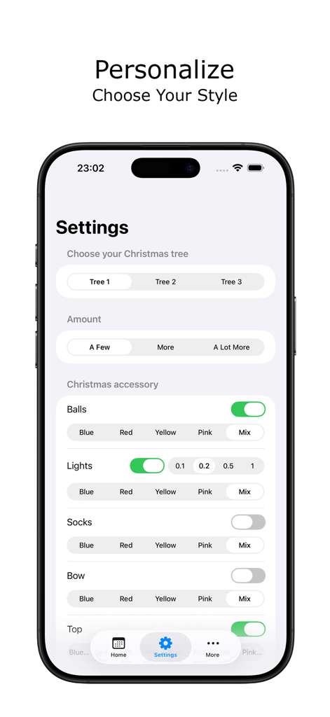 Settings screen of the My Christmas Tree app showing customization options for tree styles and decorations