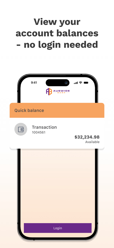 Auswide Bank - App Auswide Bank che visualizza un widget del saldo rapido che mostra il saldo di un account senza dover accedere.