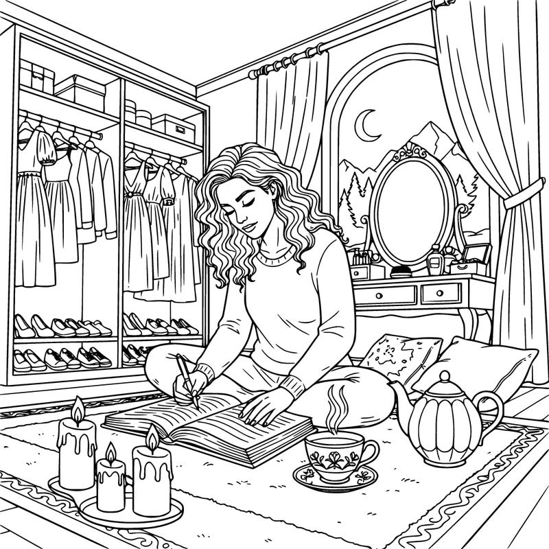 a realistic woman writing in a journal with tea and candles around her quiet reflective mood in her bedroom with a full closet, vanity set and a window view