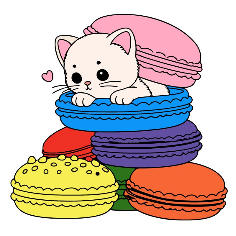 a kitten popping out of a stack of pastel macarons