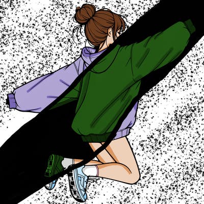 realistic girl jumping with a bun and oversized sweatshirt