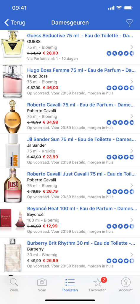 Zoek & Scan-app voor bol.com - bol.com용 검색 및 스캔 앱의 여성 향수 목록, 가격 및 평가 표시