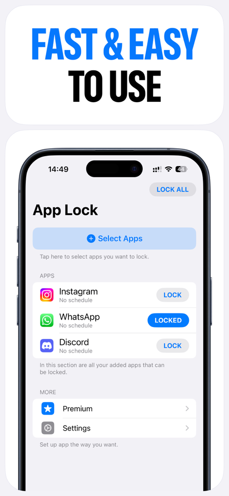 App Lock - Password For Apps - Main screen of App Lock showing WhatsApp as locked and other social apps like Instagram and Discord ready to be locked