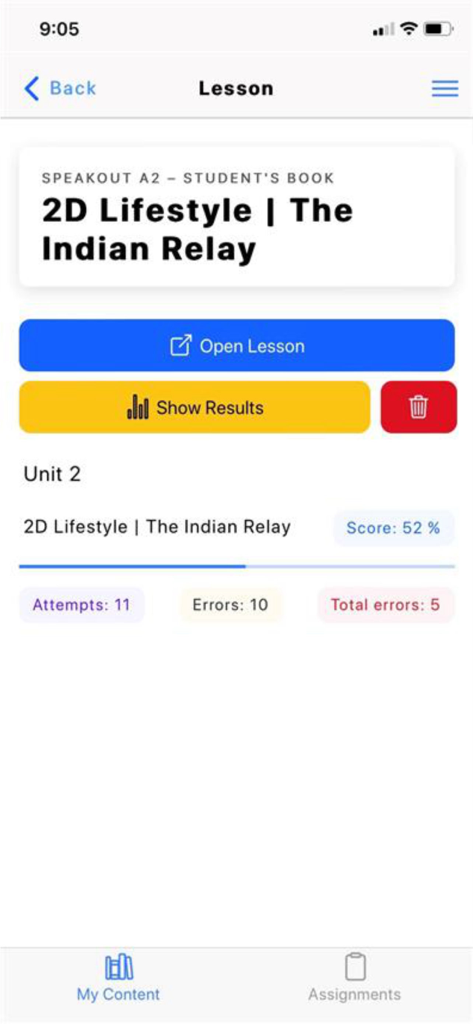 Pearson English Connect mobile app interface showing lesson details for Unit 2 including test scores and attempts.