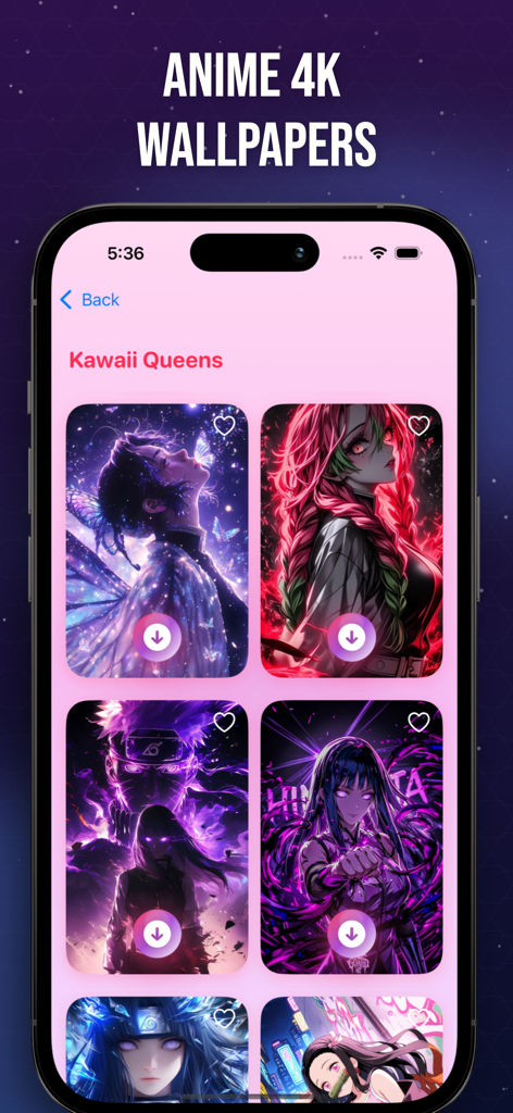 Pantalla de iPhone que muestra la colección Kawaii Queens de fondos de pantalla de anime 4K