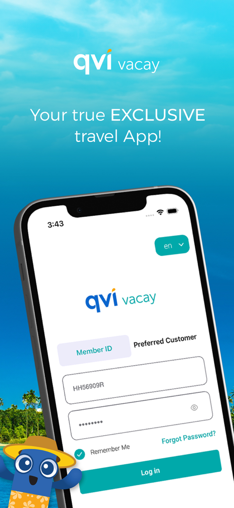 QVI Vacay - Pantalla de inicio de sesión de la aplicación de viajes exclusiva QVI Vacay