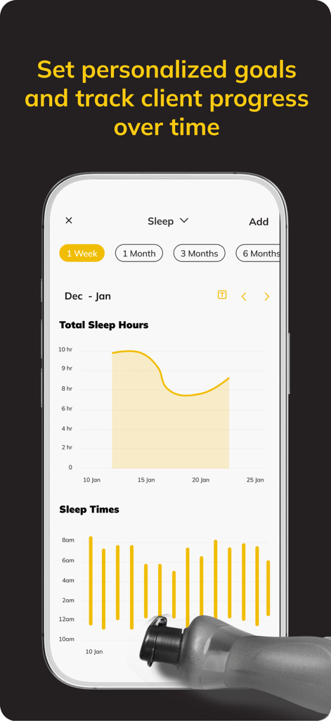 Fitness App (ABC Trainerize) - Oberfläche der ABC Trainerize Fitness App, die Diagramme für die Gesamtschlafstunden und Schlafzeiten zur Verfolgung des Kundenfortschritts anzeigt.