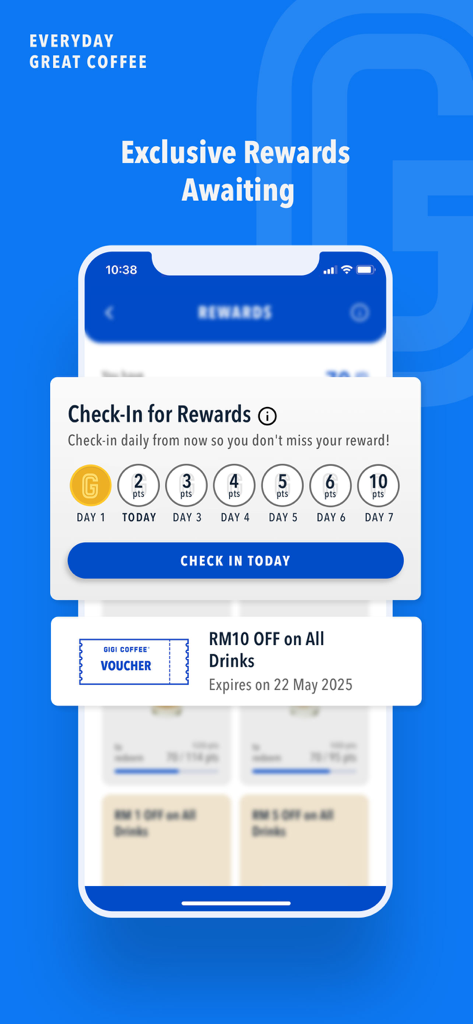 Gigi Coffee - Gigi Coffee mobile app interface showing the daily check-in rewards streak and a discount voucher.