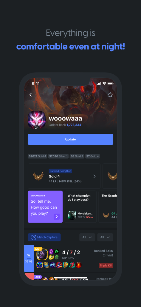 OP.GG - OP.GG mobile app screenshot showing a League of Legends player profile and match history in dark mode