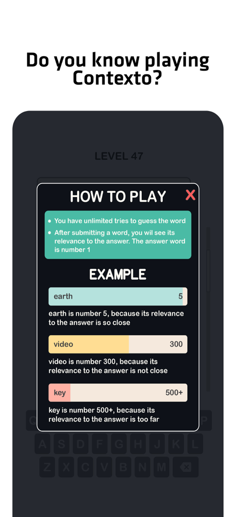 Contexto - Word Guess - Tutorial screen explaining the rules and color coded word relevance in Contexto Word Guess.