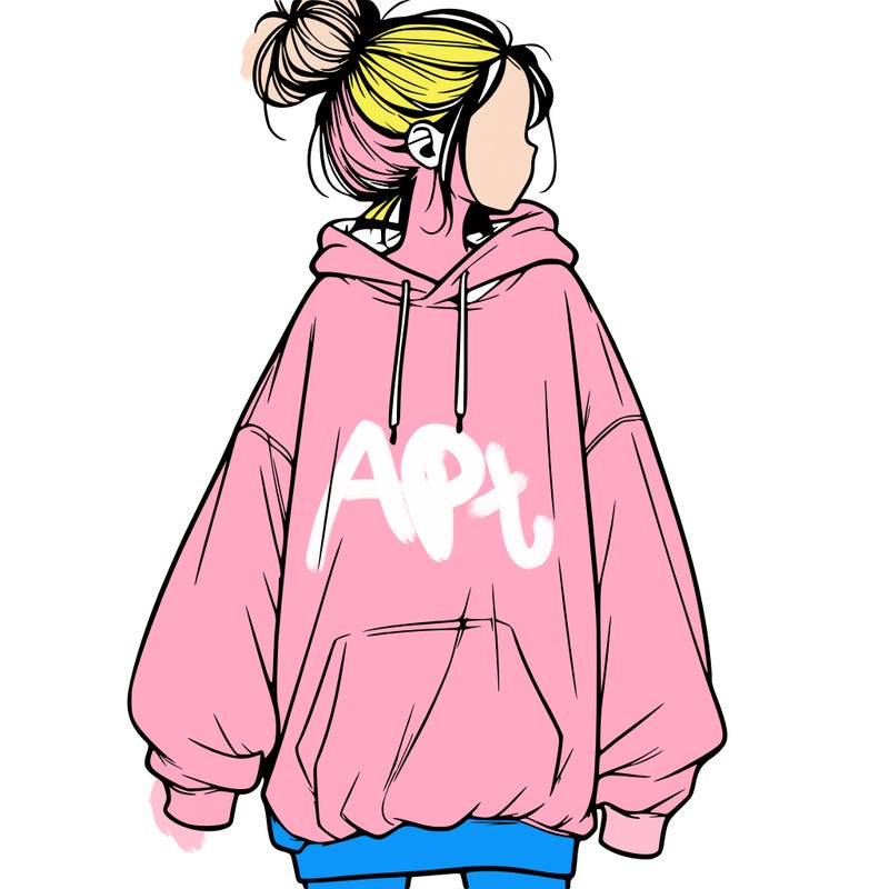 realistic girl with a oversized sweatshirt on and a bun