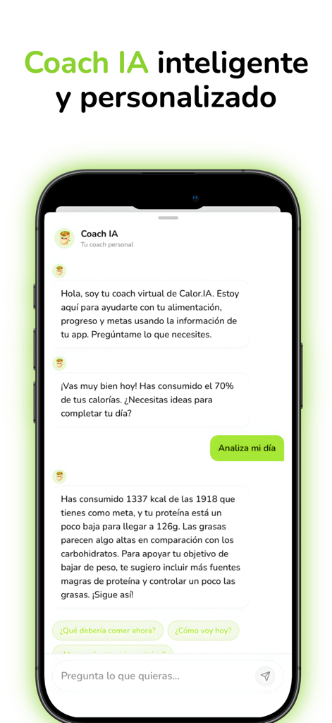 Calor.IA: Contador de Calorías - Calor.IA app interface featuring a personalized AI coach providing nutritional analysis and healthy eating suggestions
