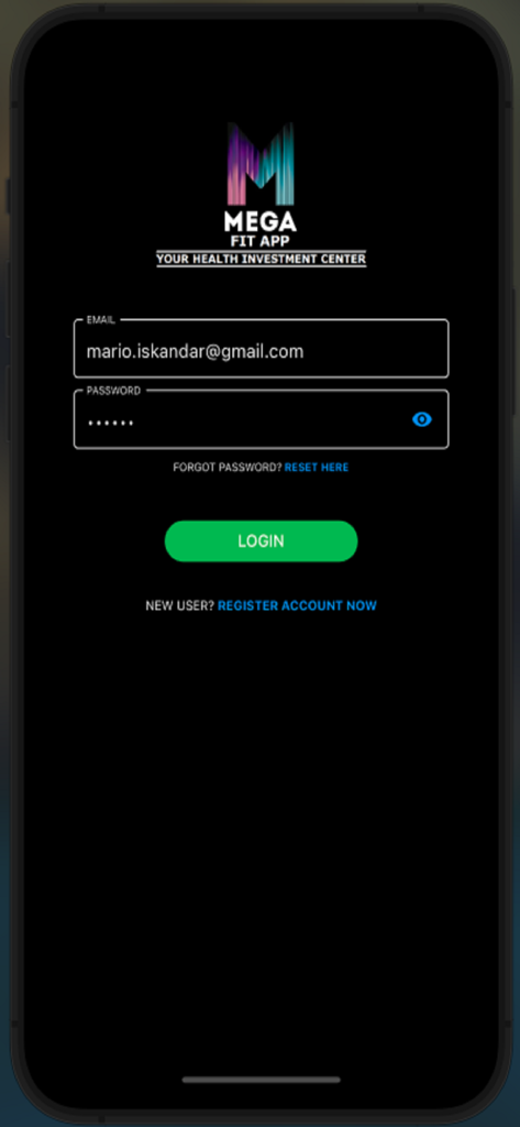 Pantalla de inicio de sesión para la aplicación Mega Fitness Center con campos de correo electrónico y contraseña y un botón de inicio de sesión verde