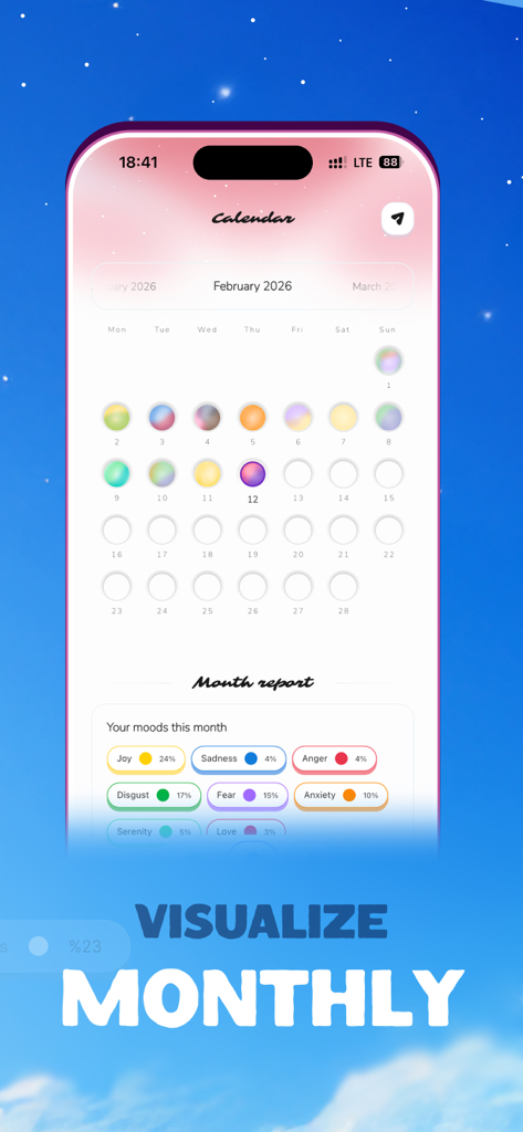 Emotion Tracker : Riley - 기분 구체와 감정적 통찰력을 보여주는 Riley 앱 월간 캘린더