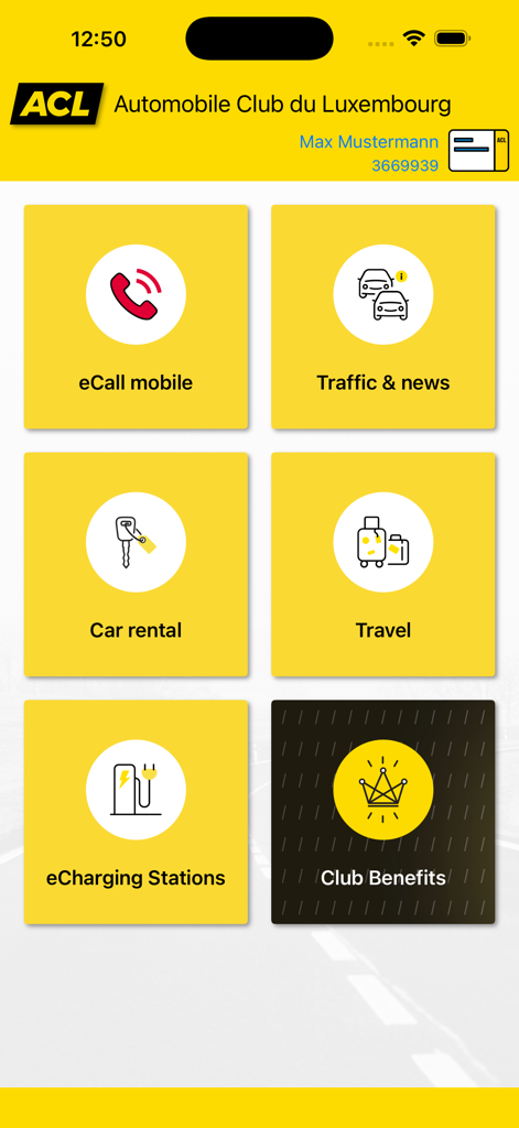 ACL App - Tela inicial do aplicativo ACL Automobile Club du Luxembourg mostrando opções de eCall, notícias de trânsito, aluguel de carros e postos de carregamento elétrico